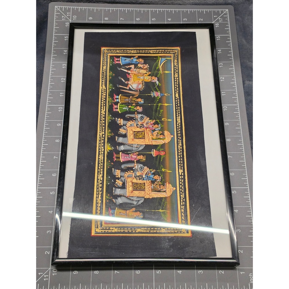 Indian Miniature Painting on Silk Royal Elephant Procession Framed Art 16x9